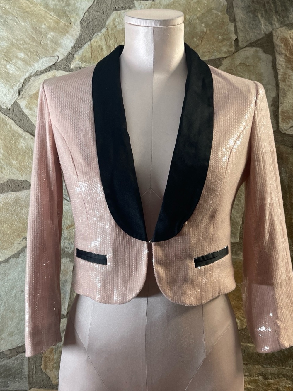 Candie's Pink Sequin Cropped Blazer Black Satin Lapel Size S